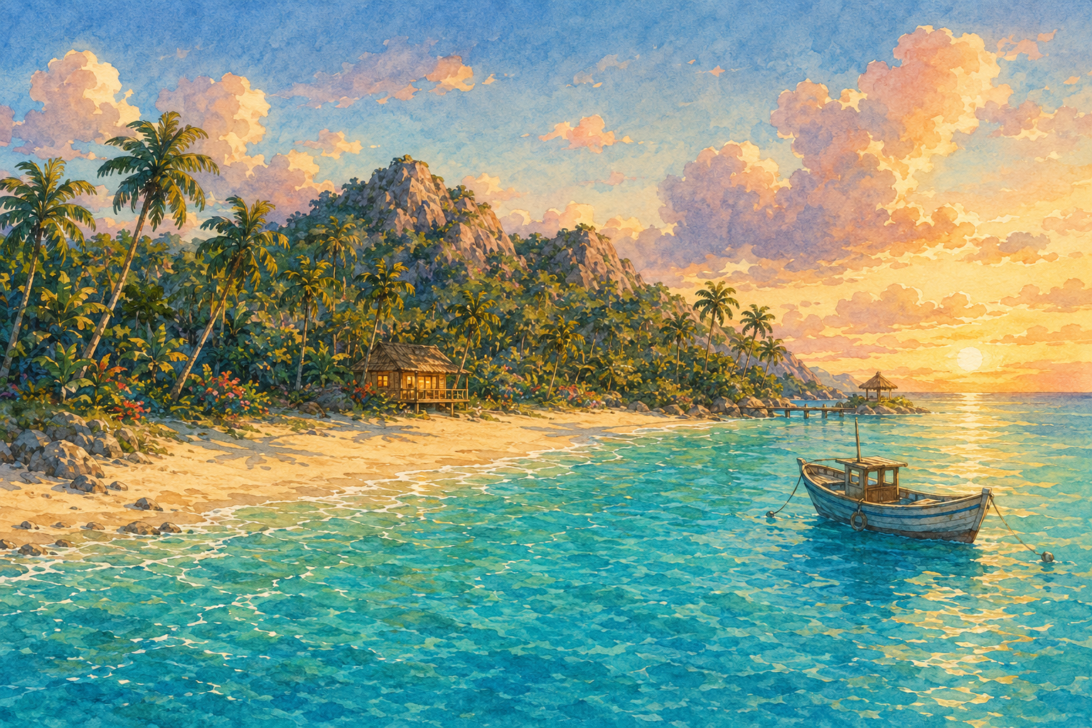 Painterly watercolor view of the island at golden hour with cabana, palms, and a small boat in the bay