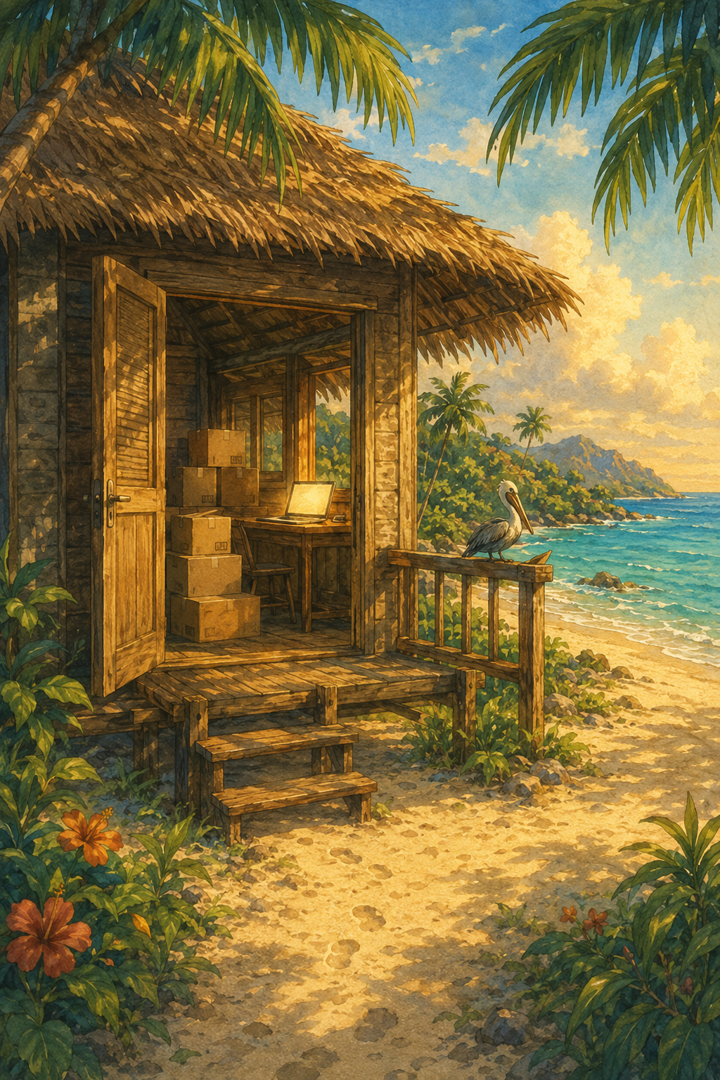A wooden cabana on stilts on the east beach, FBA boxes inside, pelican on the railing