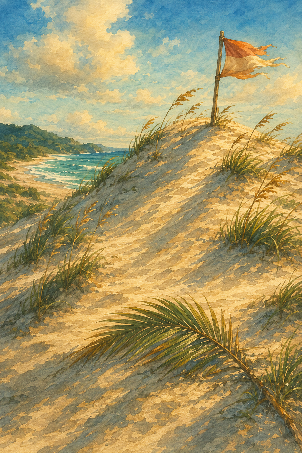 Rolling sand dunes with sea oats and a handmade flag at the top, palm frond in the foreground