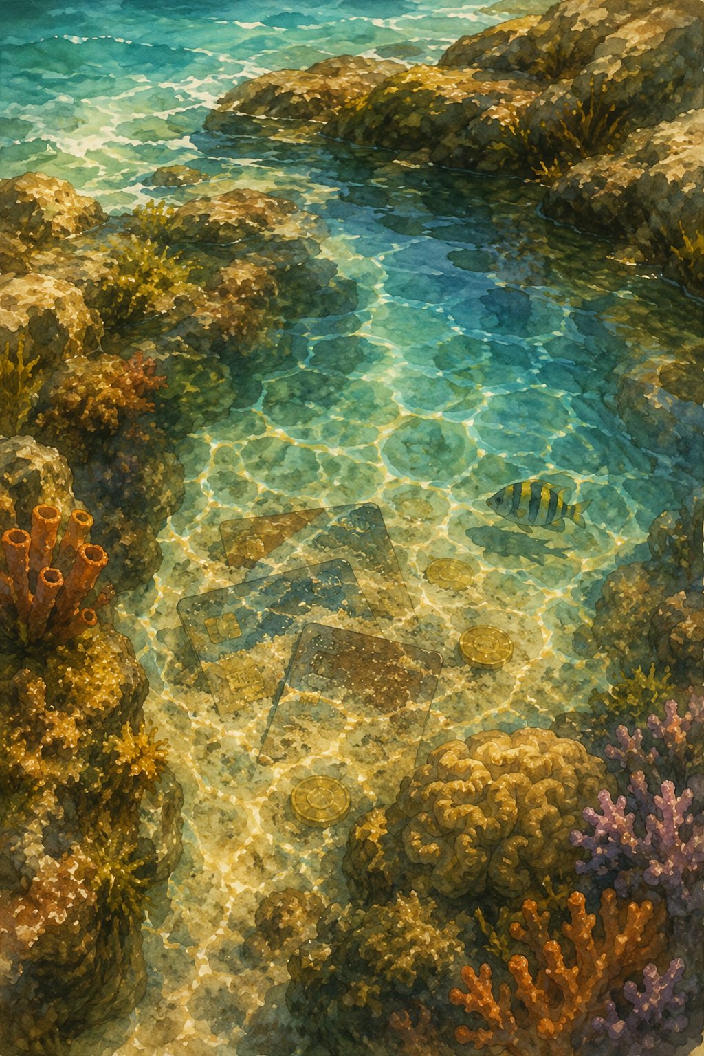 A shallow turquoise tide pool with coral, fish, and half-buried treasure under rippling sunlight