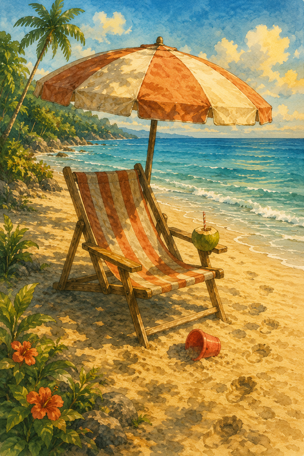 A striped beach chair under an umbrella, coconut on the armrest, red toy bucket in the sand, footprints toward the surf