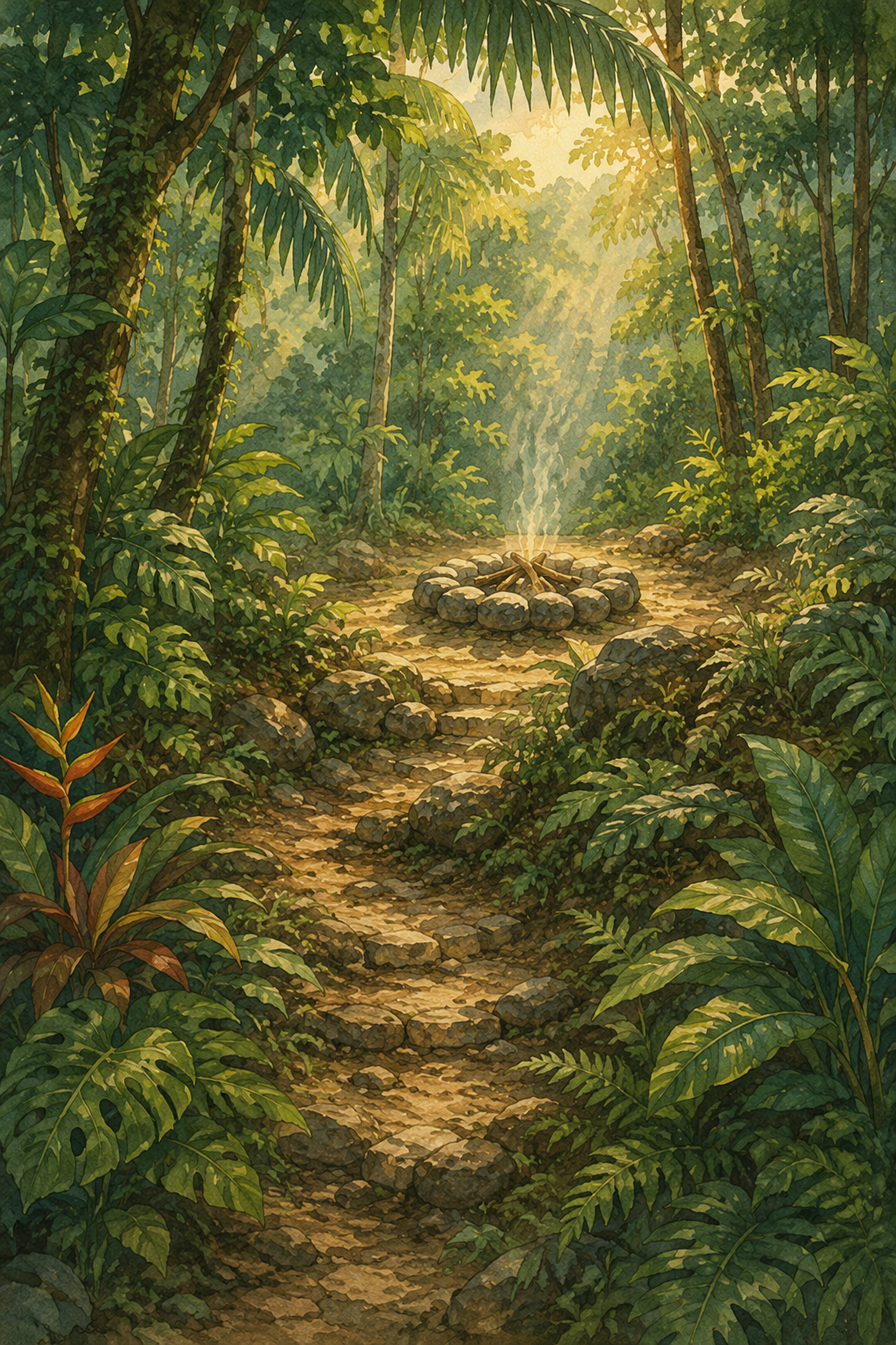 A quiet uphill jungle trail with a small campfire ring in a clearing, golden sun shafts through the canopy