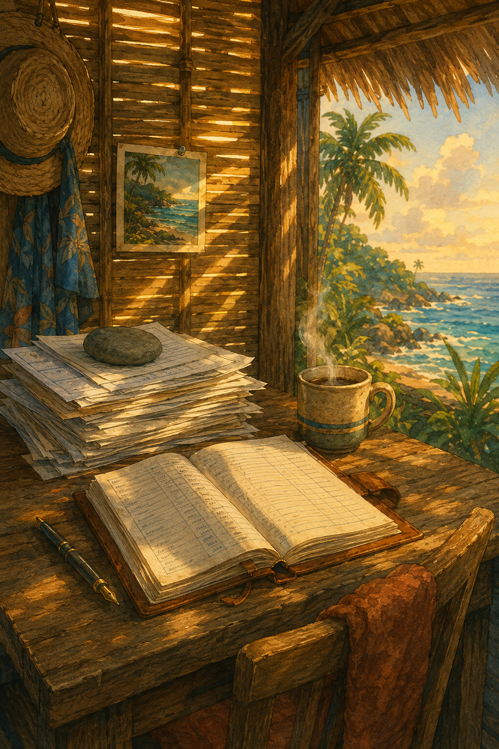 A back-room corner of a beach hut with ledger, stone-weighted papers, coffee mug, and sunlight through bamboo slats