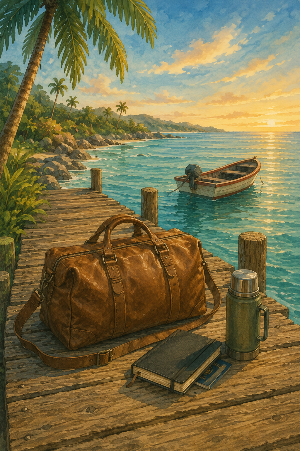A worn leather duffel, notebook with passport, and thermos on a wooden dock with a boat in the golden bay