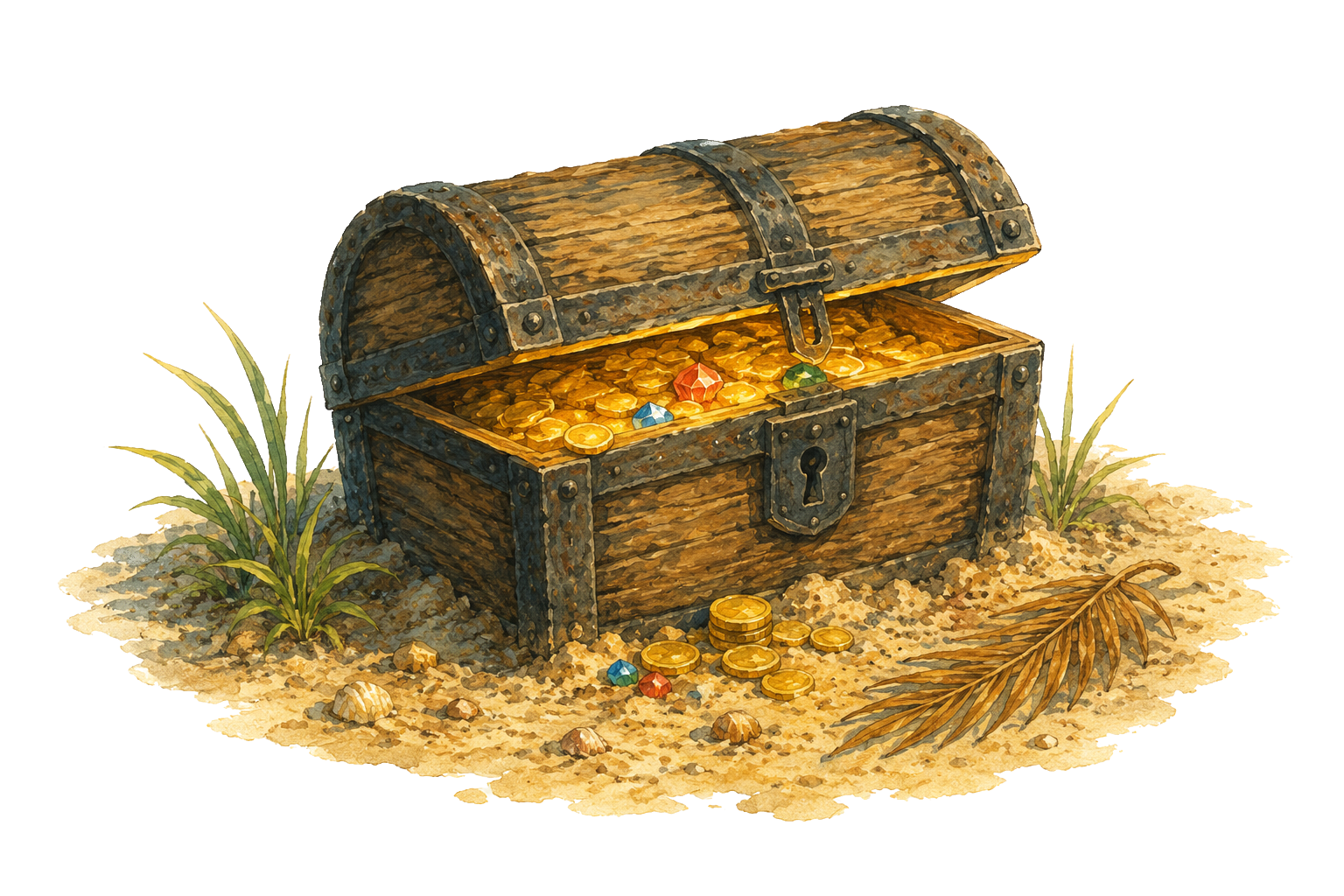 Painted treasure chest with gold coins spilling out, half-buried in sand