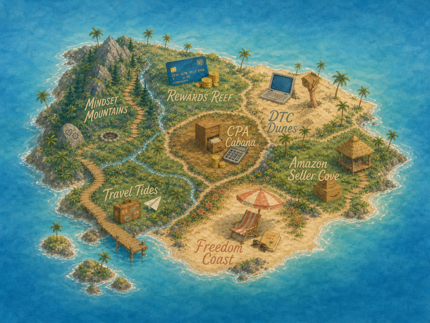 Illustrated island map showing seven regions: Mindset Mountains, Rewards Reef, DTC Dunes, CPA Cabana, Amazon Seller Cove, Travel Tides, and Freedom Coast.