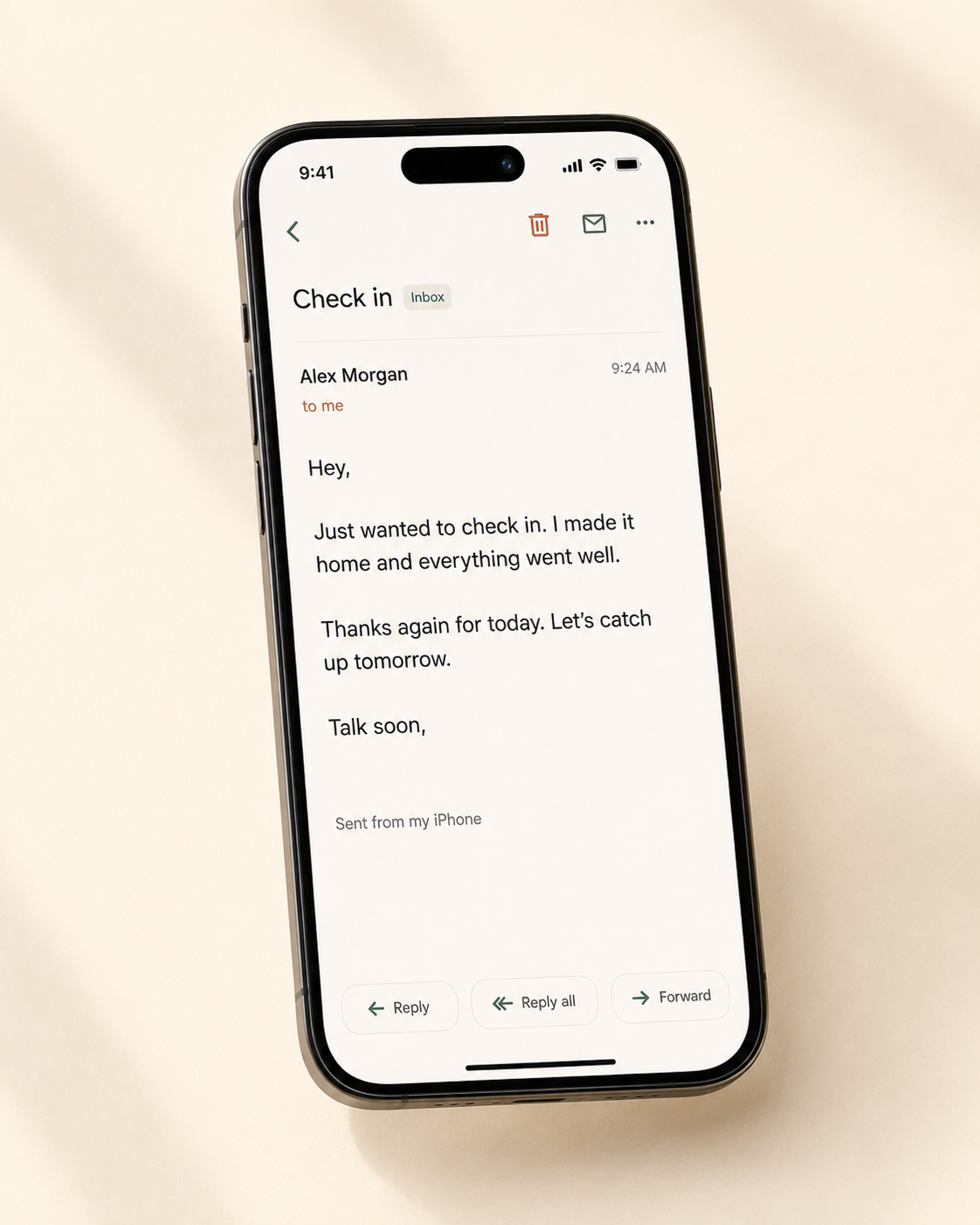 Plain-text personal email ending with Sent from my iPhone