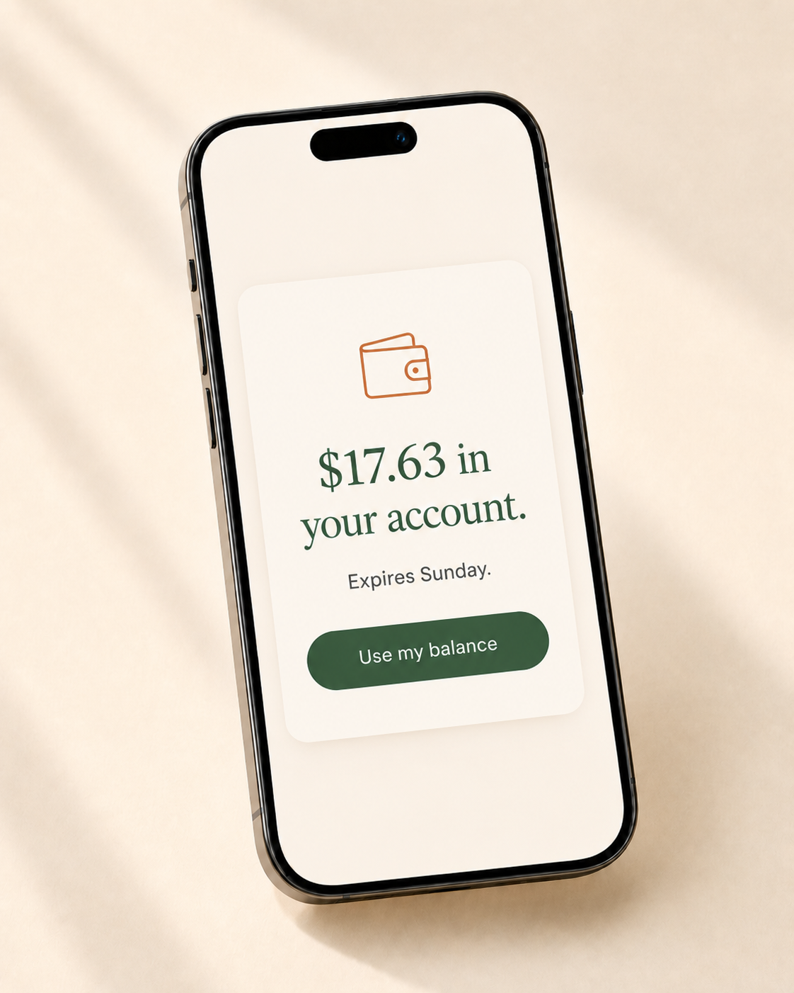 Phone showing $17.63 in your account with a Use my balance button