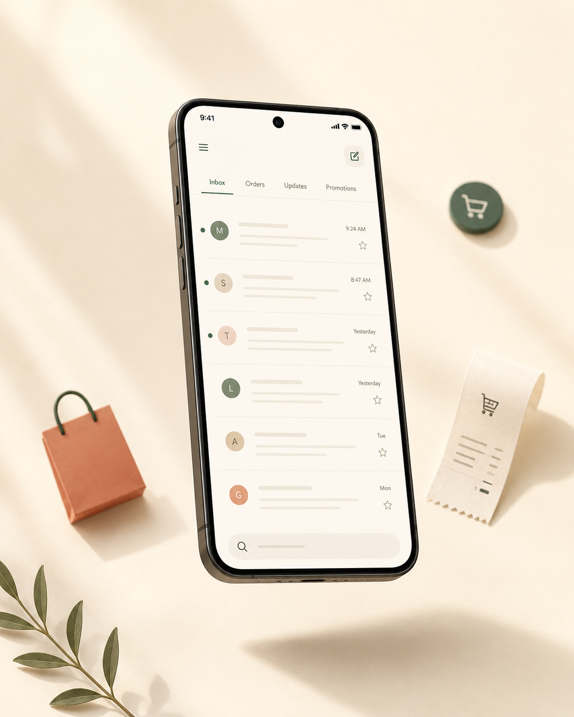 Smartphone showing a clean email app on a cream background