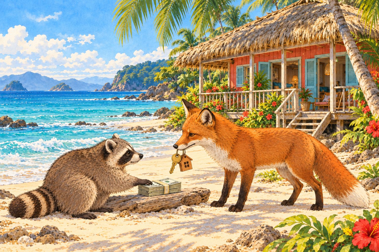 Painted beach scene: a fox holding a house-shaped key chain in its mouth faces a raccoon resting a paw on a stack of cash, with a thatched beach house behind them.