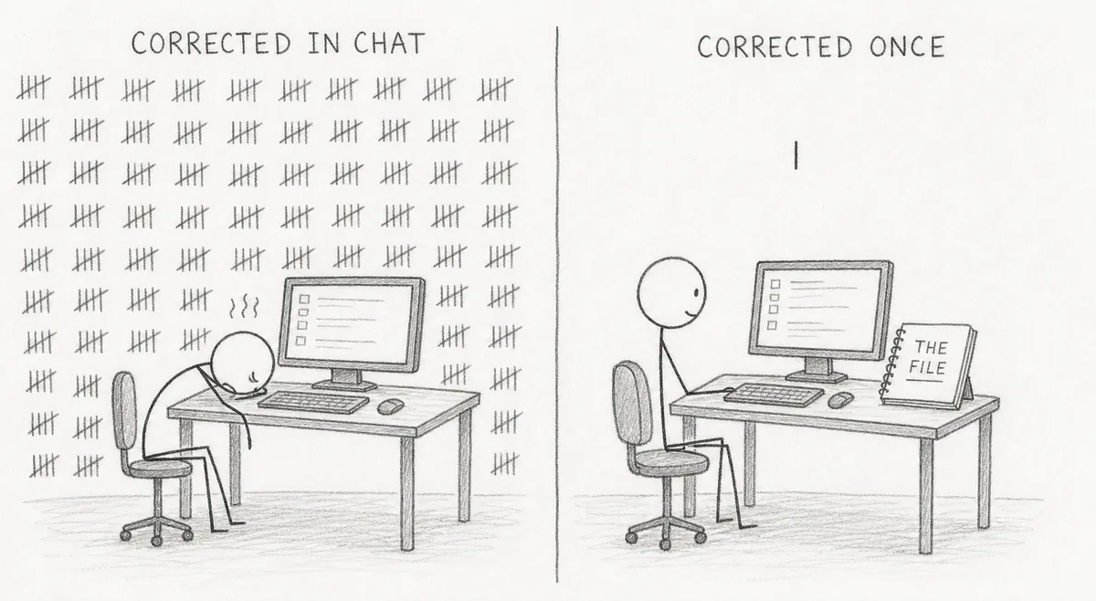 Two-panel pencil-style cartoon. Left, titled 'Corrected in chat': a slumped stick figure at a computer under a wall of tally marks. Right, titled 'Corrected once': the figure sits up smiling beside a notebook marked 'The file', with one tally mark above.