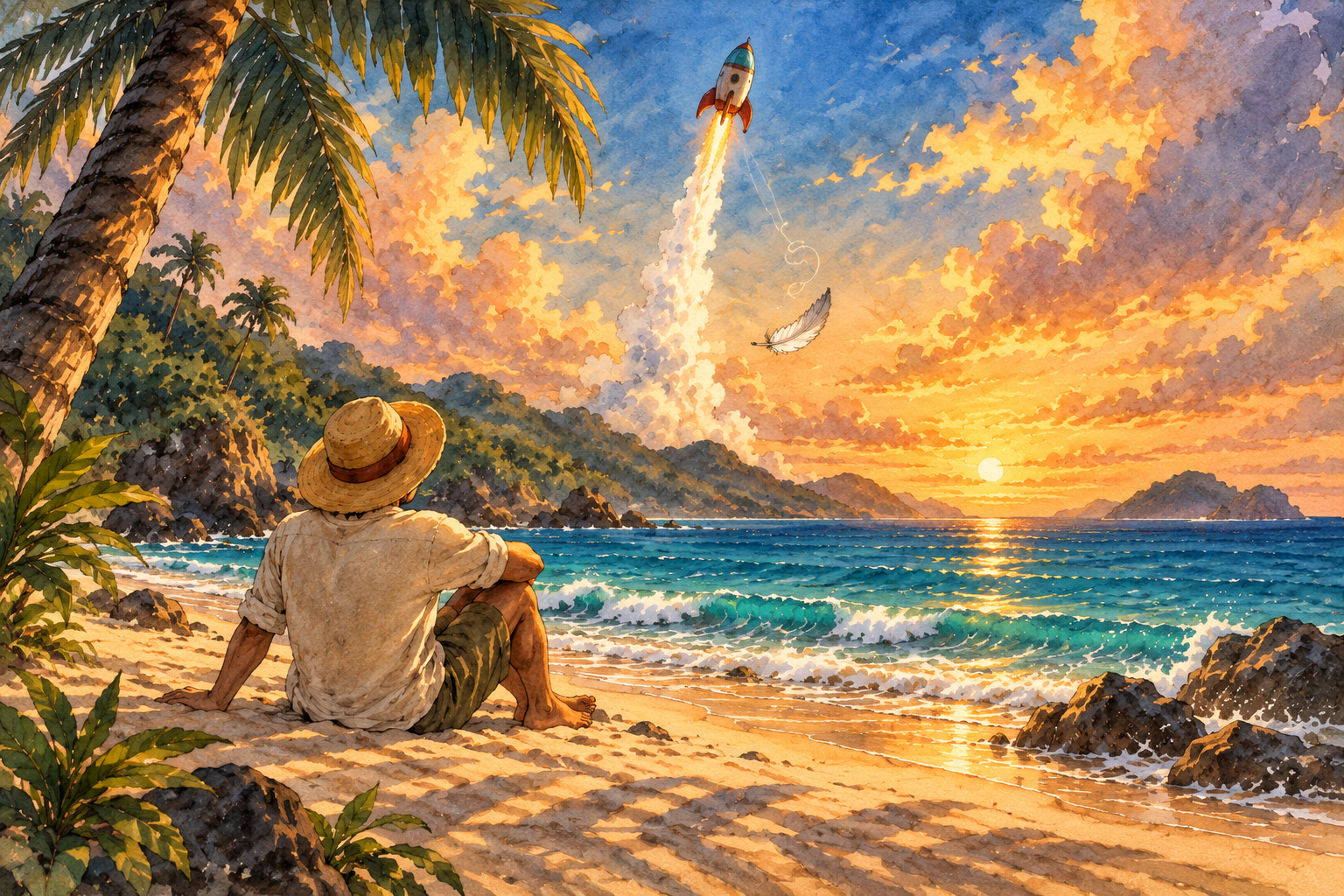 Painted beach scene at sunset: a person in a straw hat, seen from behind, watches a toy rocket climb into the sky while a white feather drifts slowly down.